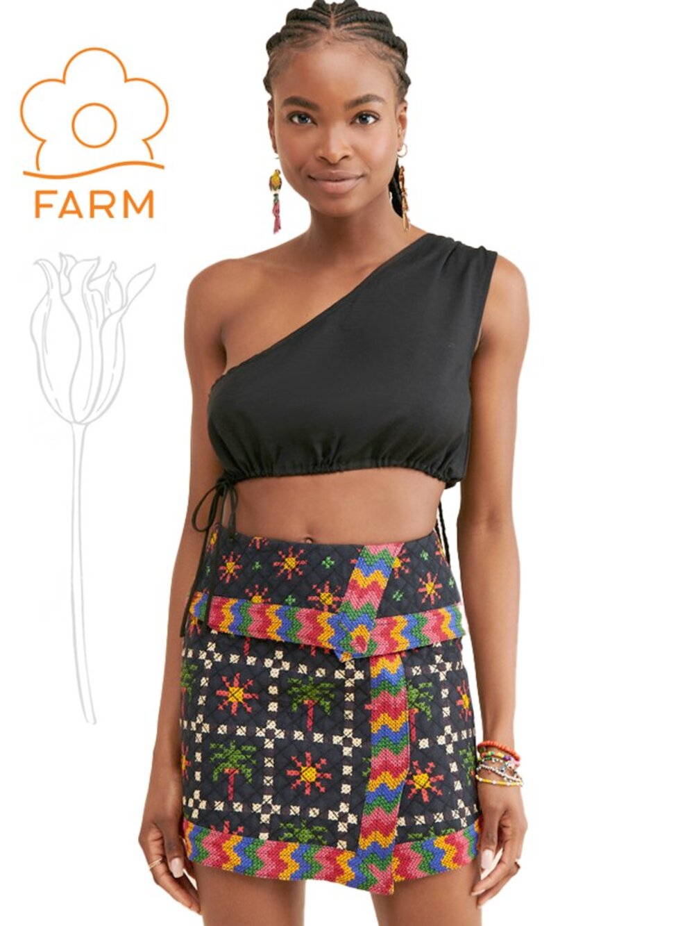 FARM RIO Black Quilted Printed Macaw Night Mini Skirt
